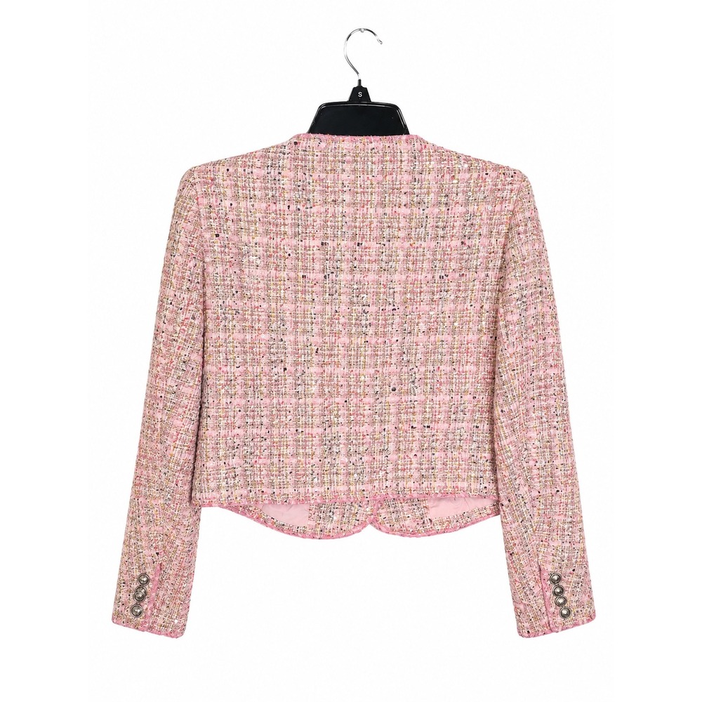 Aqua Pink Tweed Cropped Jacket Blazer Metallic Confetti Silver Crest Buttons S - Picture 4 of 7